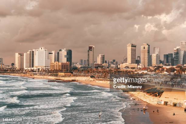 tel aviv beach israel modern cityscape sunset panorama - mlenny stock pictures, royalty-free photos & images
