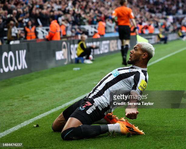Joelinton of Newcastle United FC celebrates after scoring Newcastles second goal during the Premier League match between Newcastle United and...