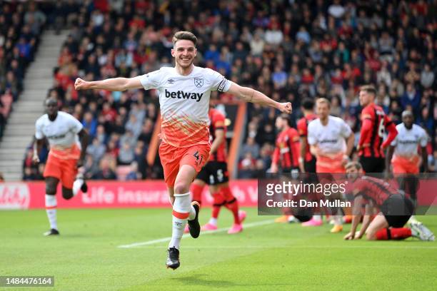 Declan Rice of West Ham United celebrates after scoring the team's third goal during the Premier League match between AFC Bournemouth and West Ham...