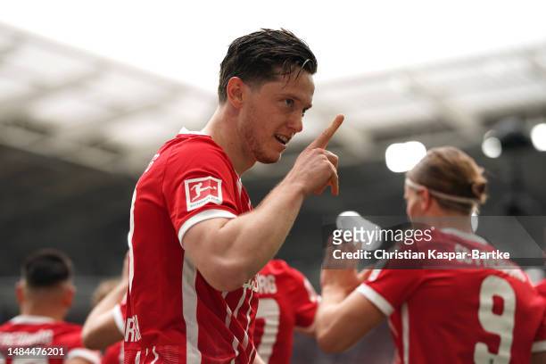 Michael Gregoritsch of Sport-Club Freiburg celebrates after scoring the team's first goal during the Bundesliga match between Sport-Club Freiburg and...
