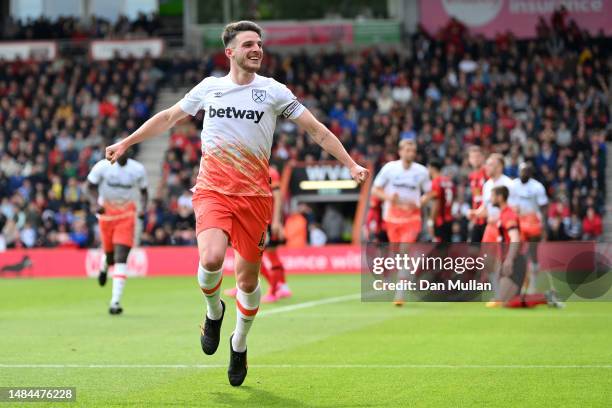 Declan Rice of West Ham United celebrates after scoring the team's third goal during the Premier League match between AFC Bournemouth and West Ham...