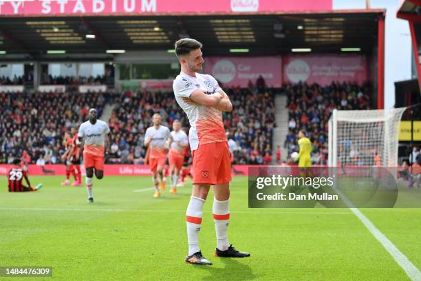 Declan Rice of West Ham United celebrates after scoring the team's third goal during the Premier League match between AFC Bournemouth and West Ham...