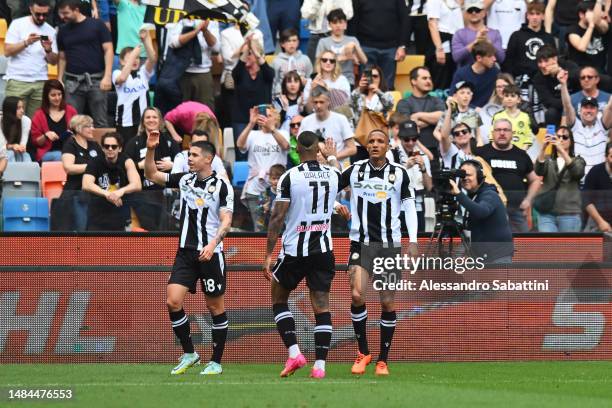 Nehuen Perez of Udinese Calcio celebrates after scoring the team's second goal during the Serie A match between Udinese Calcio and US Cremonese at...