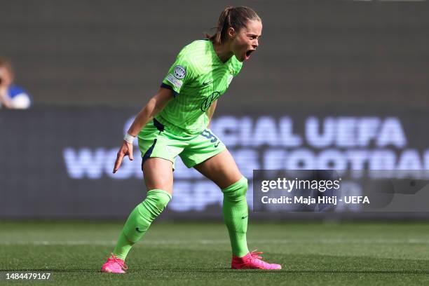 Ewa Pajor of VfL Wolfsburg celebrates after scoring the team's first goal during the UEFA Women's Champions League Semi Final 1st Leg match between...