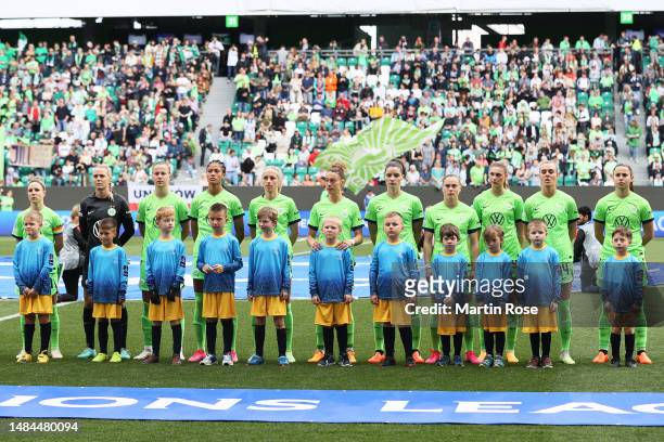 Players of Wolfsburg line up prior to the UEFA Women's Champions League Semi Final 1st Leg match between VfL Wolfsburg and Arsenal at Volkswagen...