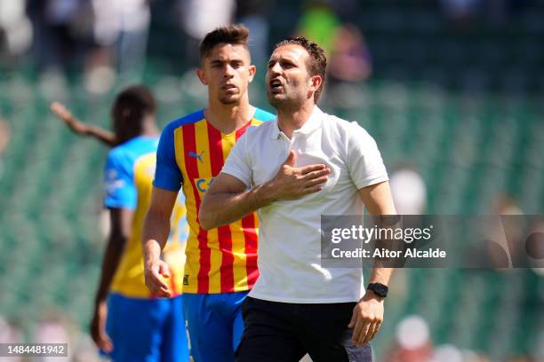 Ruben Baraja, Head Coach of Valencia CF, celebrates after the team's victory during the LaLiga Santander match between Elche CF and Valencia CF at...