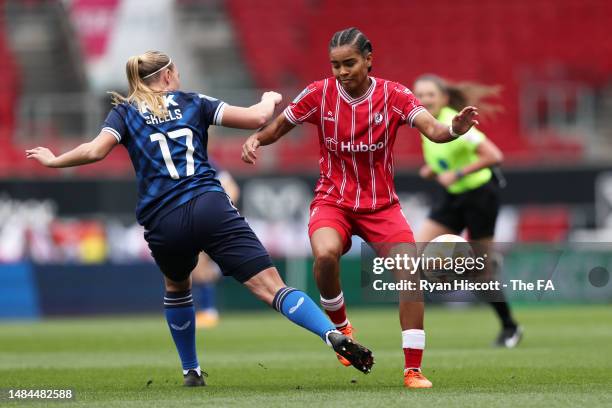 Shania Hayles of Bristol City battles for possession with Kiera Skeels of Charlton Athletic during the Barclays FA Women's Championship match between...