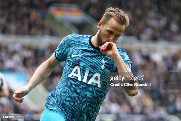 Harry Kane of Tottenham Hotspur celebrates after scoring the team's first goal during the Premier League match between Newcastle United and Tottenham...