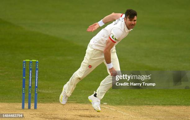 James Anderson of Lancashire in bowling action during Day Four of the LV= Insurance County Championship Division 1 match between Somerset and...