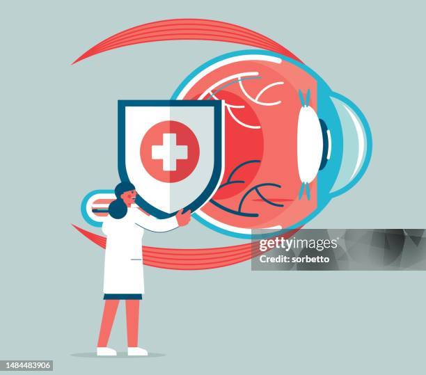 stockillustraties, clipart, cartoons en iconen met eyesight protection - female doctor - verdedigen activiteit