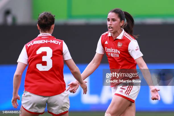 Rafaelle Souza of Arsenal celebrates after scoring the team's first goal during the UEFA Women's Champions League Semi Final 1st Leg match between...