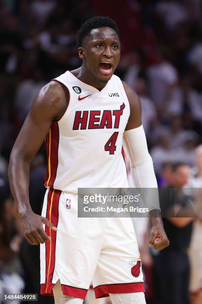 Victor Oladipo of the Miami Heat reacts during the fourth quarter against the Milwaukee Bucks during Game Three of the Eastern Conference First Round...