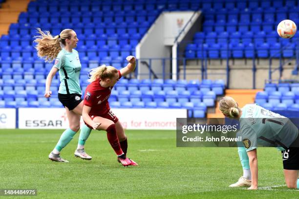 Ceri Holland of Liverpool Women scoring the equalising goal during the FA Women's Super League match between Liverpool and Brighton & Hove Albion at...