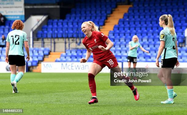 Ceri Holland of Liverpool Women celebrating after scoring the equalising goal during the FA Women's Super League match between Liverpool and Brighton...