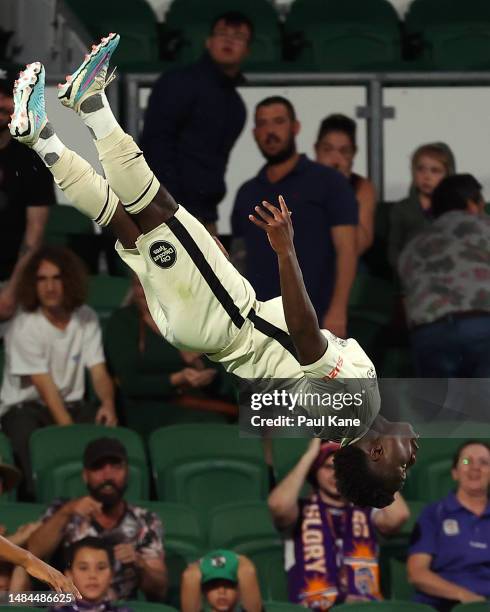 Nestory Irankunda of Adelaide celebrates the equalising fourth goal during the round 25 A-League Men's match between Perth Glory and Adelaide United...