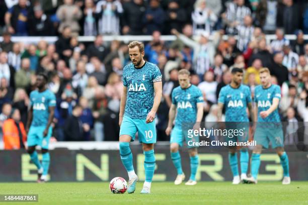 Harry Kane of Tottenham Hotspur looks dejected after Callum Wilson of Newcastle United scored the team's sixth goal during the Premier League match...