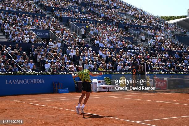 Carlos Alcaraz of Spain serves during the Men's Singles Final on Day Seven of the Barcelona Open Banc Sabadell 2023 at Real Club De Tenis Barcelona...