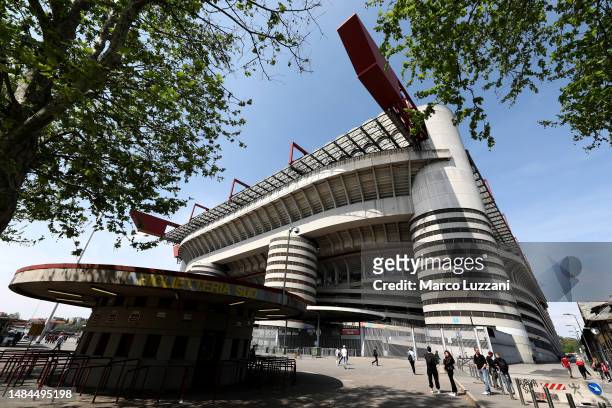 General view outside the stadium prior to the Serie A match between AC Milan and US Lecce at Stadio Giuseppe Meazza on April 23, 2023 in Milan, Italy.