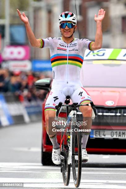 Remco Evenepoel of Belgium and Team Soudal - Quick Step celebrates at finish line as race winner during the 109th Liege - Bastogne - Liege 2023,...