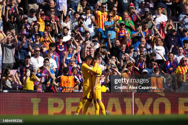 Ferran Torres of FC Barcelona celebrates with teammate Gavi after scoring the team's first goal during the LaLiga Santander match between FC...