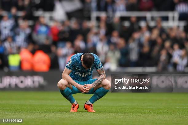 Pierre-Emile Hojbjerg of Tottenham Hotspur looks dejected following the team's defeat during the Premier League match between Newcastle United and...