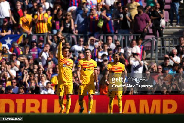 Ferran Torres of FC Barcelona celebrates after scoring the team's first goal during the LaLiga Santander match between FC Barcelona and Atletico de...
