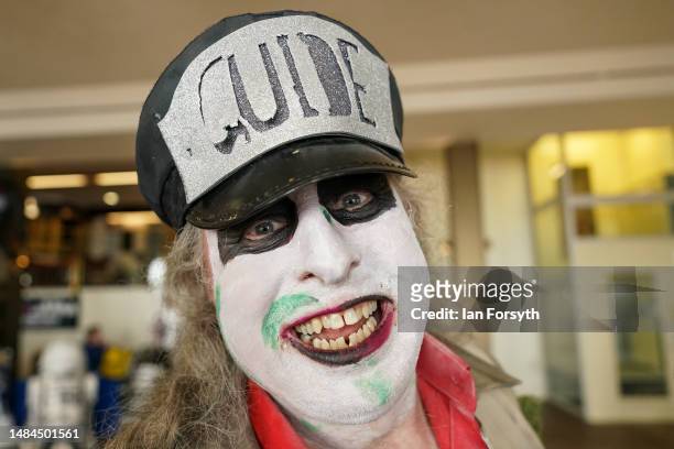 Man dressed as the character Beetlejuice reacts to the camera on the second day of the Scarborough Sci-Fi weekend on April 23, 2023 in Scarborough,...