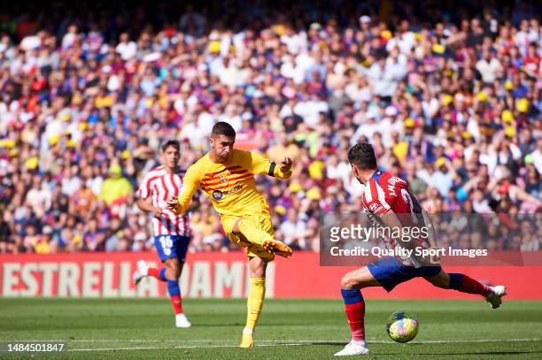 Ferran Torres of FC Barcelona scores his team's first goal during the LaLiga Santander match between FC Barcelona and Atletico de Madrid at Spotify...