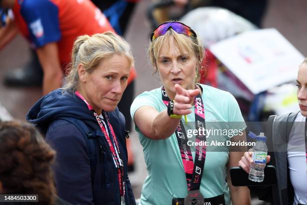 Sophie Raworth and Louise Minchin react after competing during the 2023 TCS London Marathon on April 23, 2023 in London, England.