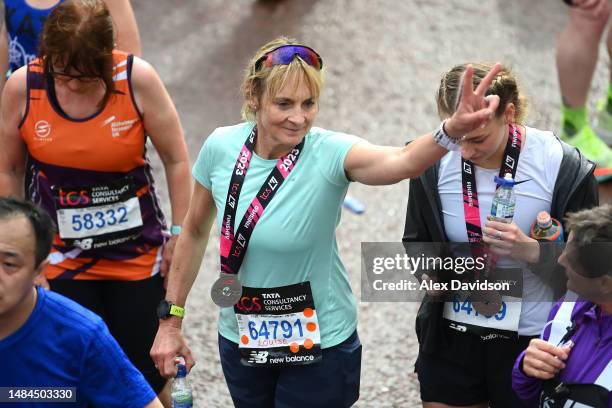 Louise Minchin reacts after competing during the 2023 TCS London Marathon on April 23, 2023 in London, England.