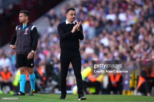 Xavi, Head Coach of FC Barcelona, reacts during the LaLiga Santander match between FC Barcelona and Atletico de Madrid at Spotify Camp Nou on April...