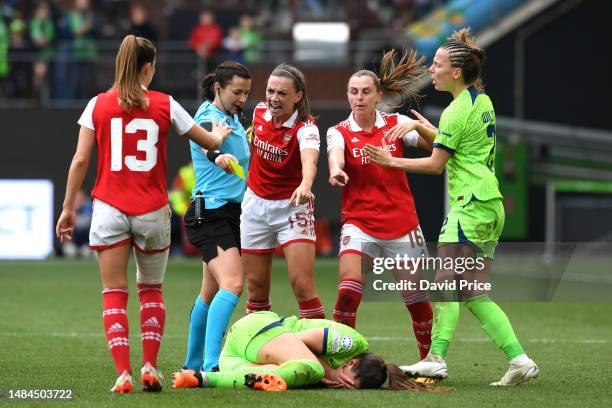Katie McCabe of Arsenal reacts during the UEFA Women's Champions League Semi Final 1st Leg match between VfL Wolfsburg and Arsenal at Volkswagen...