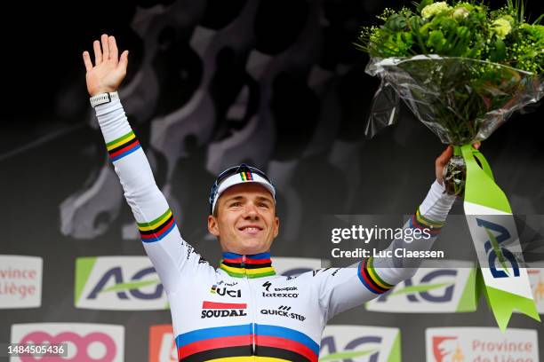 Remco Evenepoel of Belgium and Team Soudal - Quick Step celebrates at podium as race winner during the 109th Liege - Bastogne - Liege 2023, Men's...