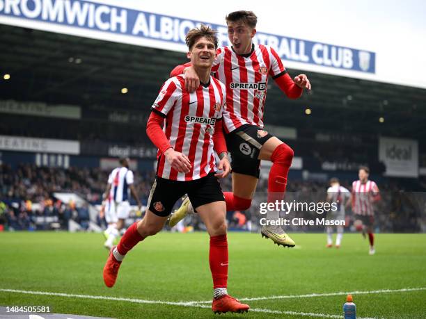 Dennis Cirkin of Sunderland celebrates after scoring the team's second goal during the Sky Bet Championship between West Bromwich Albion and...