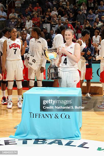 Lindsay Whalen of the 2012 US Women's Senior National Team accepts the Tiffany and Co. Player of the Game Award after playing against the Brazilian...