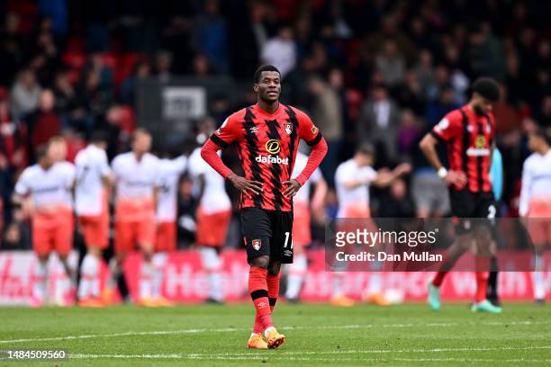 Dango Ouattara of AFC Bournemouth reacts after his side concede a goal during the Premier League match between AFC Bournemouth and West Ham United at...