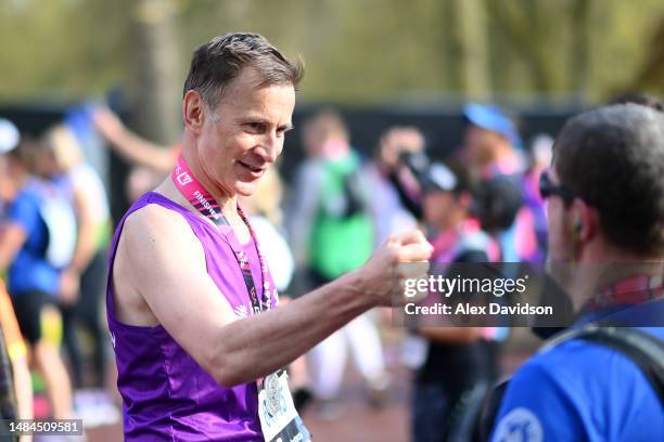 Jeremy Hunt, Chancellor of the Exchequer reacts after finishing the 2023 TCS London Marathon on April 23, 2023 in London, England.