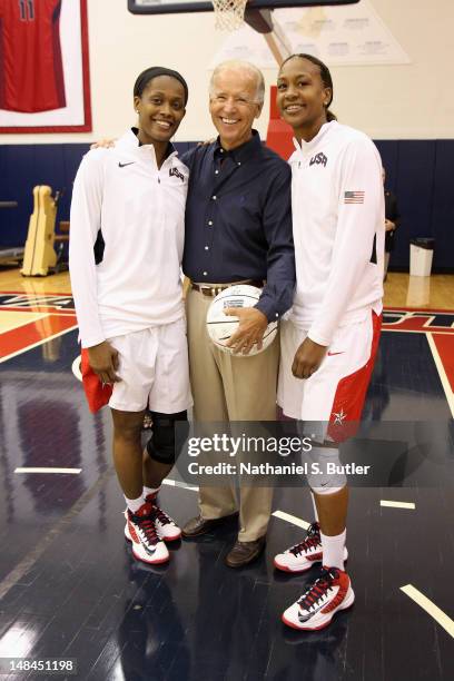 Vice President of the United States of America Joe Biden with Swin Cash and Tamika Catchings of the 2012 US Women's Senior National Team following a...