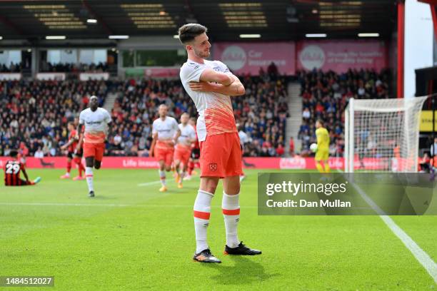 Declan Rice of West Ham United celebrates after scoring his side's third goal during the Premier League match between AFC Bournemouth and West Ham...