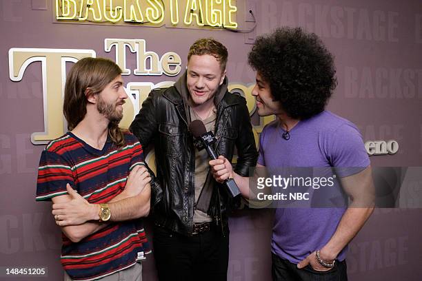Episode 4287 -- Pictured: Musical guests Imagine Dragons during an interview with Bryan Branly backstage on July 16, 2012 --