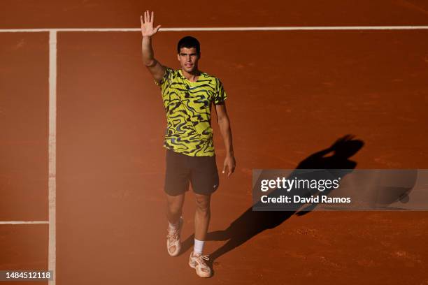 Carlos Alcaraz of Spain celebrates after winning the Men's Singles Final on Day Seven of the Barcelona Open Banc Sabadell 2023 at Real Club De Tenis...