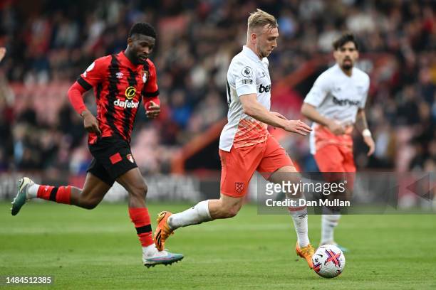 Jarrod Bowen of West Ham United makes a break during the Premier League match between AFC Bournemouth and West Ham United at Vitality Stadium on...