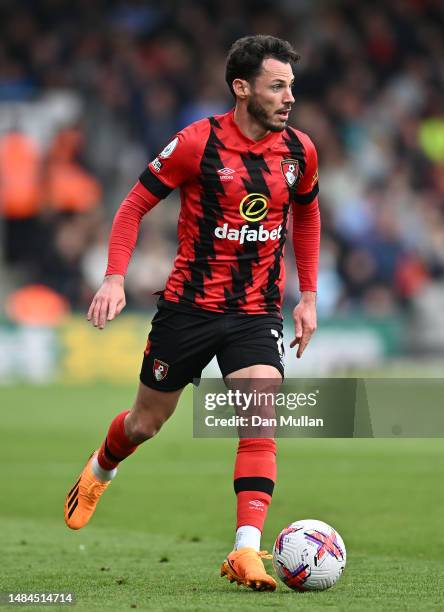 Adam Smith of AFC Bournemouth controls the ball during the Premier League match between AFC Bournemouth and West Ham United at Vitality Stadium on...