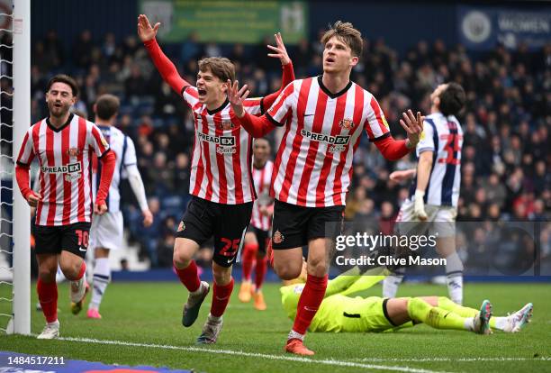 Dennis Cirkin of Sunderland celebrates after scoring the team's second goal during the Sky Bet Championship between West Bromwich Albion and...