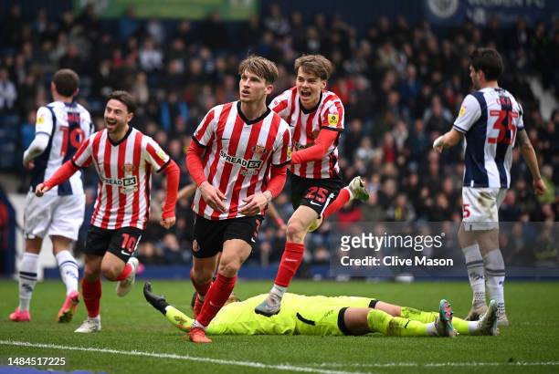 Dennis Cirkin of Sunderland celebrates after scoring the team's second goal during the Sky Bet Championship between West Bromwich Albion and...