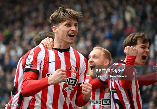 Dennis Cirkin of Sunderland celebrates after scoring the team's second goal during the Sky Bet Championship between West Bromwich Albion and...