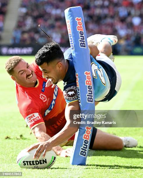 Alofiana Khan-Pereira of the Titans dives for the try line but the try is disallowed due to an obstruction in the lead up, during the round eight NRL...