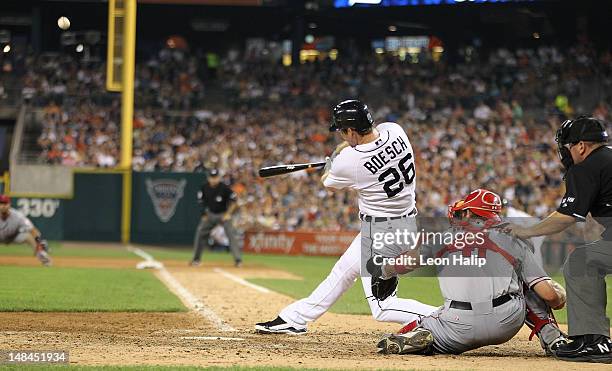 Brennan Boesch of the Detroit Tigers hits a two-run home run to right field scoring Prince Fielder during the seventh inning of the game against the...