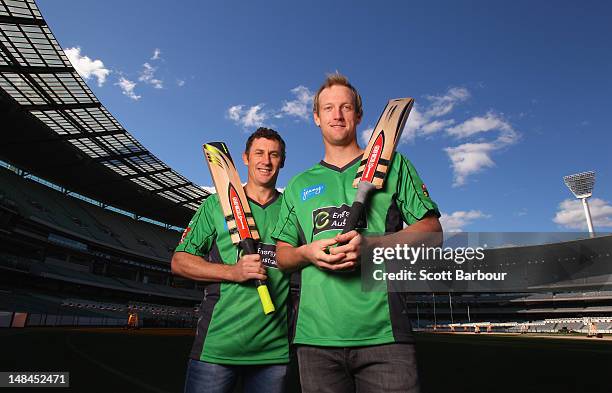 David Hussey and Cameron White of the Stars cricket team pose during a Melbourne Stars press conference at the Melbourne Cricket Ground on July 17,...