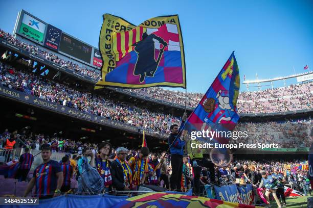 Fans of FC Barcelona during the Spanish league, La Liga Santander, football match played between FC Barcelona and Atletico de Madrid at Spotify Camp...